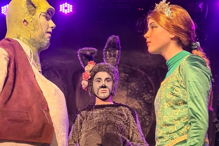 Shrek and Princess Fiona with Donkey in Shrek by Tavistock Children's Theatre Club.