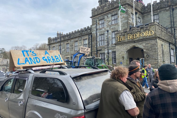 Farmers protesting outside Tavistock's Bedford Hotel while farming minister Justin Zeichner meets inside.