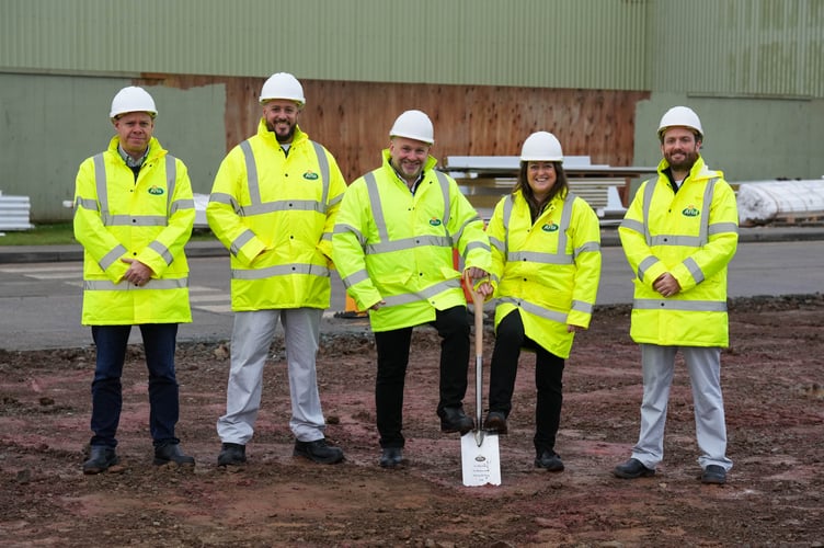 Arla Foods colleagues breaking ground at Taw Valley Creamery in North Tawton, from left, Jean-Michel Lequin (Global VP of supply chain and engineering and technology), Omar Arafa (Taw Valley site director), David Boulanger (Executive VP and head of global supply chain), Fran Ball (VP of UK production) and Simon Grills (Global programme director).
