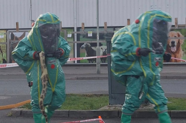 Hazmat suits and hoods were required as the crew practised an evacuation of animals from inside the pet store complete with toy snake. (Picture: Ron's Pet Supplies)