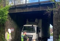 Lorry stuck under the railway bridge in Okehampton