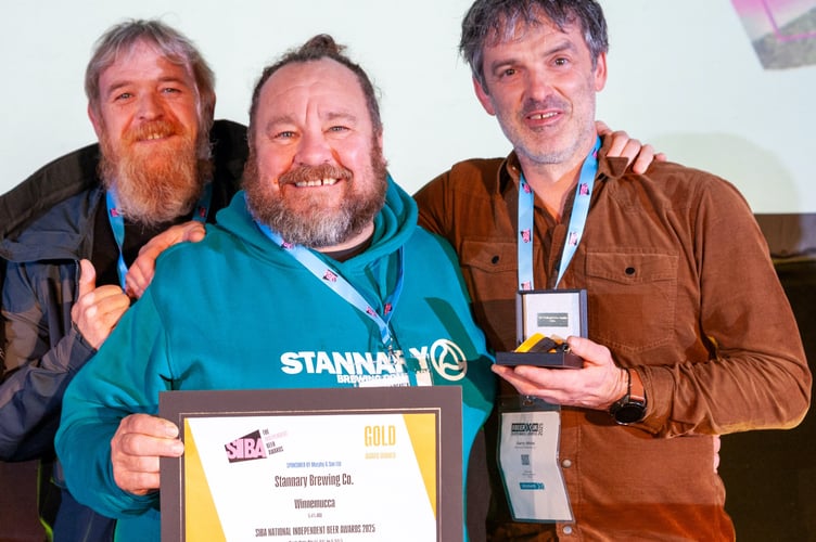 From  left, Mark Stephens, Chris John and Garry White with their award for Winnemucca at the National Independent Beer Awards