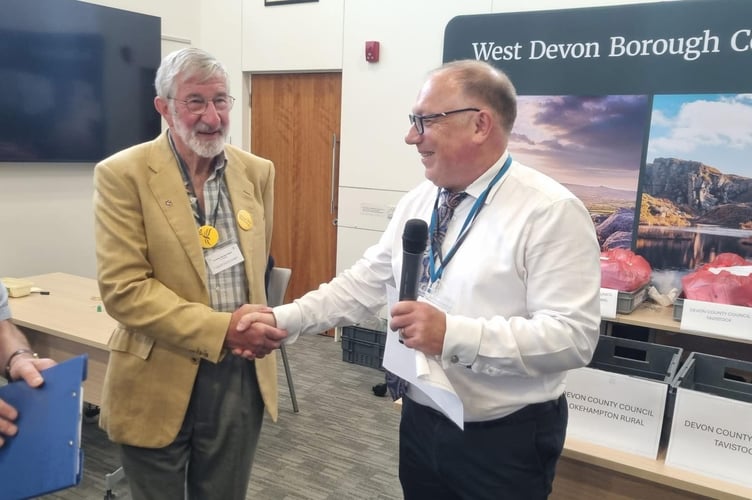 Graham Reed is congratulated on winning the Tavistock North by-election for West Devon Borough Council