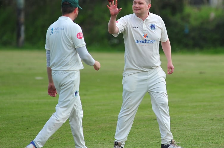 Devon Cricket League C Division West.  Ashburton 1st XI versus South Devon 1st XI. Ashburton bowler Nick Martin.
A six wicket run for Ashburton who made 177/4  after South Devon, who won the toss and elected to bat, were all out for 174