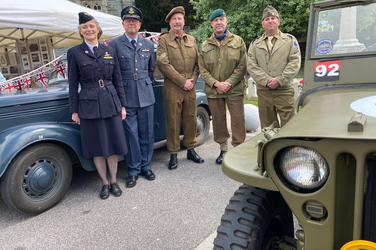 Military recreation fans gathered for Tavistock's VE Day 80 celebrations with a WWII US military Jee and an RAF staff car.