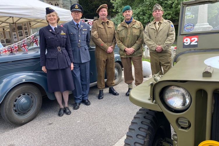 Military recreation fans gathered for Tavistock's VE Day 80 celebrations with a WWII US military Jee and an RAF staff car.