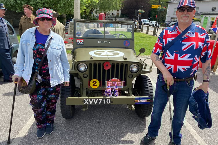 Ellen and Kev Yates, of Illogan, Cornwall, enjoying a patriotic time at Tavistock's VE Day 80 celebrations.