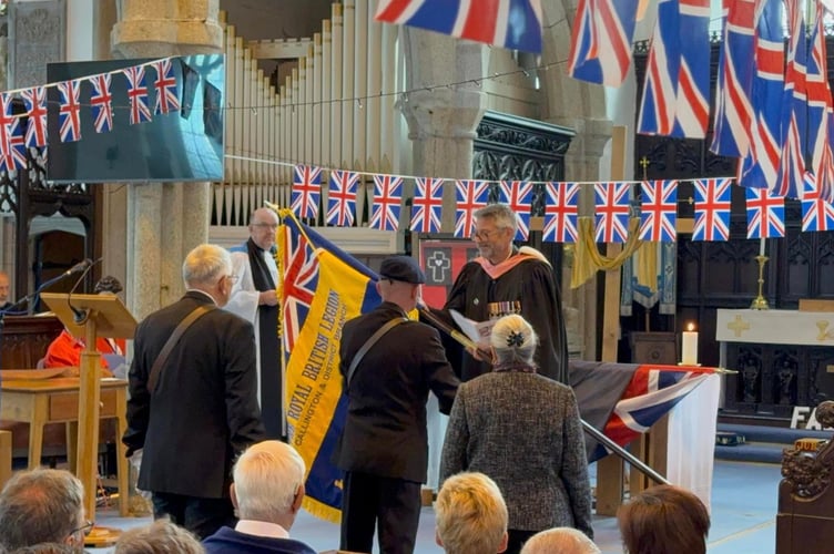 The church was festooned with bunting to commemorate VE80 day, while the service included a blessing of the standard of the new flag of the Callington Royal British Legion. (Picture: St Mary's Parish Church)