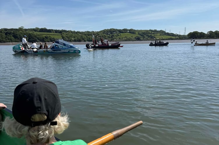 The team were more than happy to join the flotilla to welcome the explorer who is raising funds for the Thousand Year Trust with his 22-mile row of the river Tamar. (Picture: Kim Lakey/Cotehele Quay Gig Club)