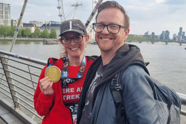 Bere Alston Trekker Kate Medhurst with her London marathon finisher medal at which she ran a PB, then followed it up with a PB at the Plymouth Half Marathon two weeks later.