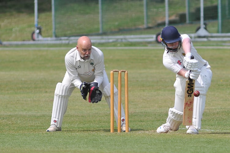 Devon Cricket League E Division West. Abbotskerswell 2nd XI versus Whichurch Wayfarers 1st XI. Whitchurch 'keeper Nigel Barriball and Abbots' batsman M Yates
Abbotskerswell won by 85 runs