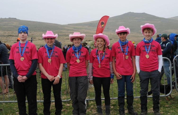 The Okehampton College ten tors team, from left, Tom, Abi, Ionie, Maisie, Ruby and Will with their medals after completing the 35-mile route.