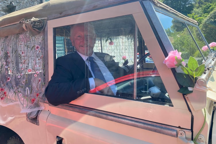 Steve Marker, proud of the cream old Land Rover he restored ready in time to be the official transport for his son Callum and daughter in-law Lydia to marry in Tavistock.