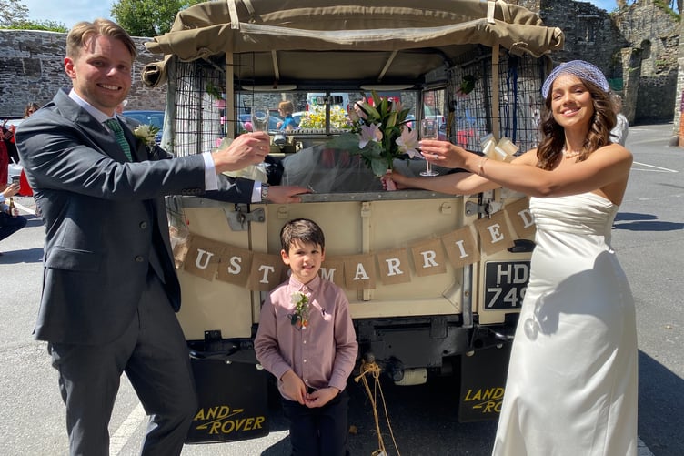 Newly weds Callum and Lydia Marker after the ceremony at the Bedford Hotel, Tavistock.