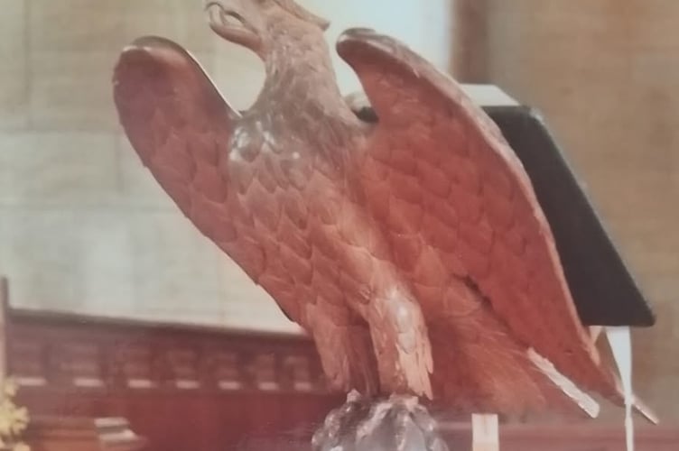 The stolen wooden eagle before it was stolen from the top of a lectern in St Paul's Church in Yelverton.
