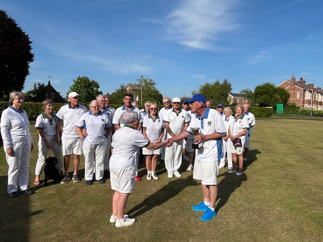 The Paxton Cup being presented to Christine Ainger of North Tawton Bowling Club after the match at Pinces Park in Exeter.