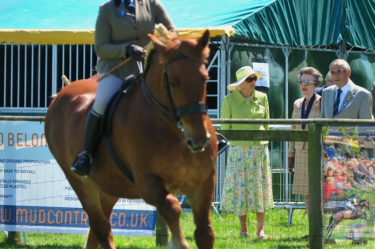 Devon County Show. Show President HRH The Princess Royal viewing the horses