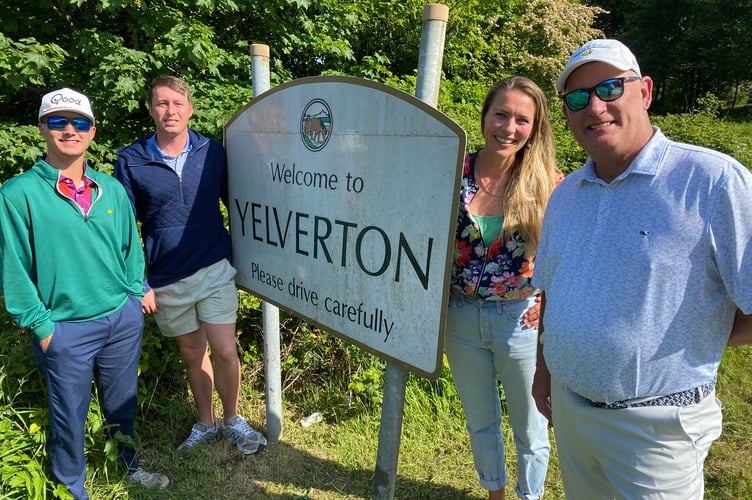 Mike and Devon Yelverton (far left and far right) at their namesake village of Yelverton. Also pictured is their landlady for the visit  Hannah Edwards and their friend Lane Potter.