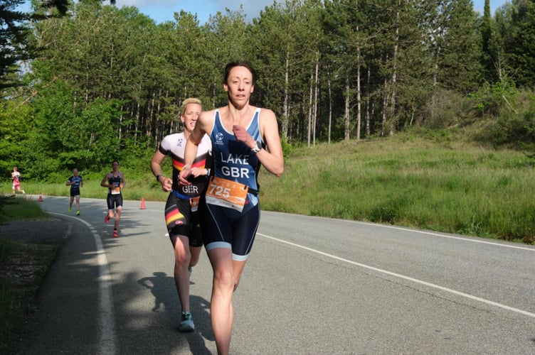 European champion: Sam Lake of Tavistock Swimming Club on the road leg of her Gold medal European Aquathlon championship. 