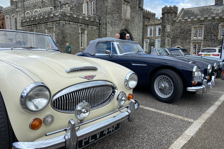 Lovingly prepared Austin Healey sports cars line up in Tavistock's Bedford Square for a rally of the model.