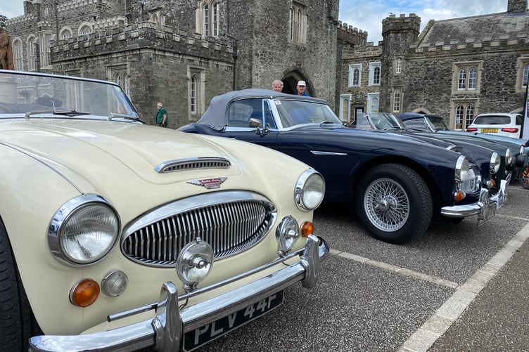 Lovingly prepared Austin Healey sports cars line up in Tavistock's Bedford Square for a rally of the model.