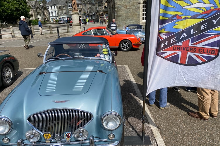Austin Healey sports cars line up in Tavistock's Bedford Square for a rally of the model.