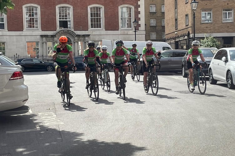 Tavistock Wheelers in London on their charity ride from Tavistock for the Huntington's Association.