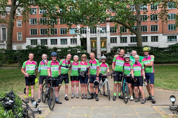 Tavistock Wheelers cycle club at the finish of their Huntington's Disease Association charity ride to London.
