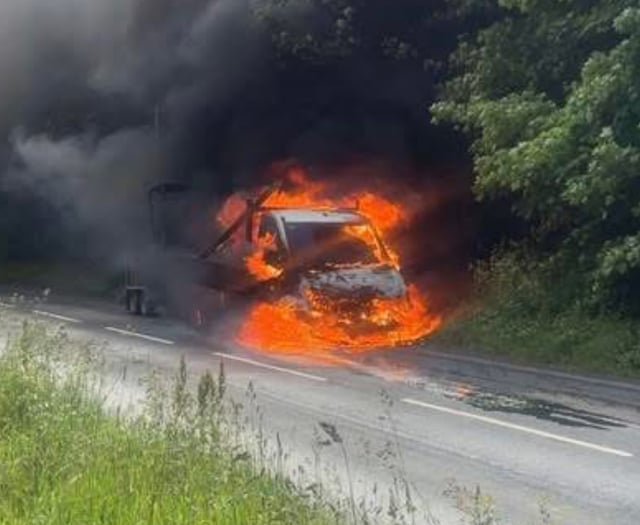 Burning van causes delays on Exeter Road