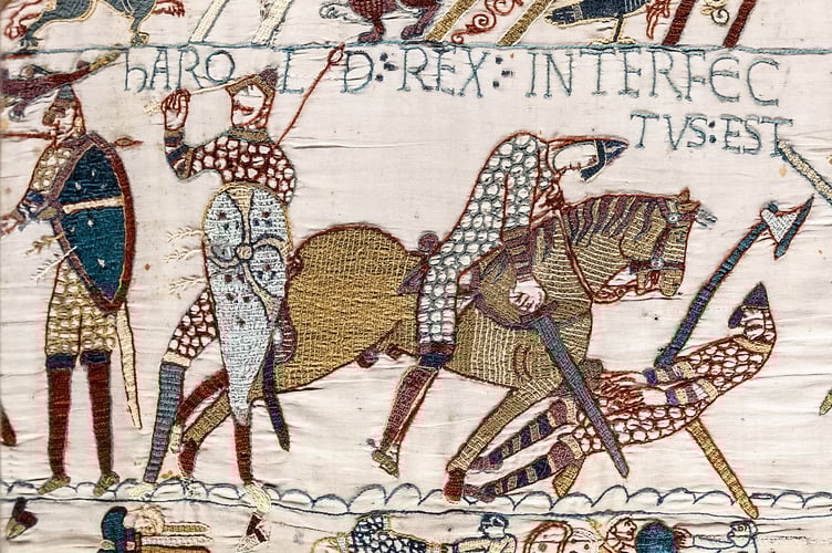 The creative artistry of  embroiderers from the Tavistock area will be exhibited at Tavistock Library for four days from Monday (June 2).  Inspiration for the original works comes from the famous Bayeux Tapestry which is depicted below. The historic tapestry shows King Harold's battlefield death. Picture by Myrabella. 