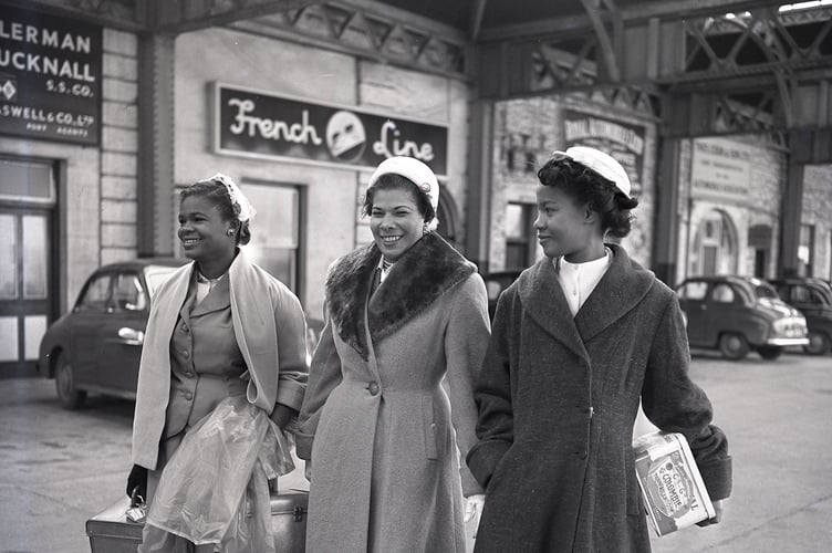Three women from the West Indies arrive at Millbay Docks, Plymouth after disembarking from the Colombe, January 1958. Image courtesy of The Box Plymouth © Mirrorpix