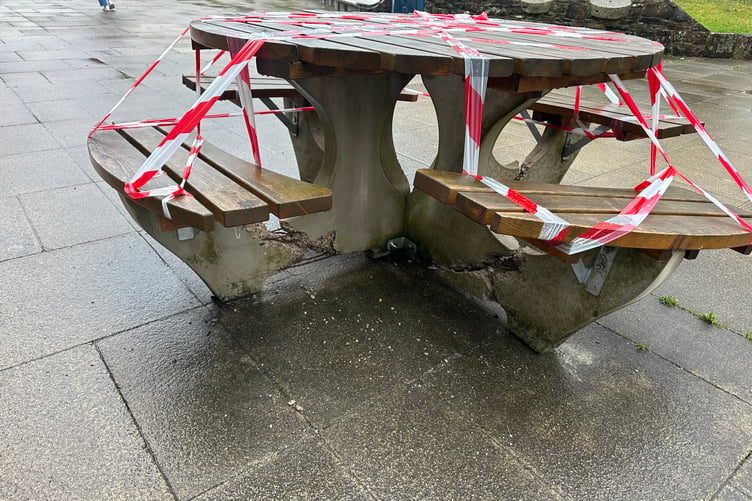 A gang of young vandals have damaged the concrete public bench in Okehampton's Red Lion Yard.