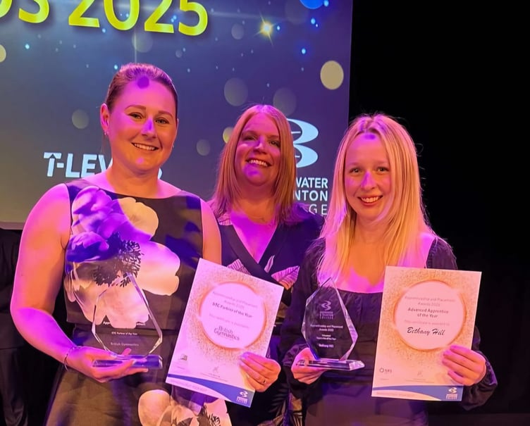 Okehampton Flyers coach Bethany Hill, right, being presented with her Advanced Apprentice of the Year Award from Bridgwater and Taunton College.