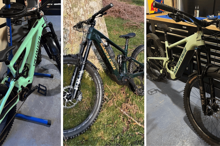 Taken were a midnight green Santa Cruz Vala E-bike, an avocado green Santa Cruz Heckler bike and a mint green Specialized Levo bike.