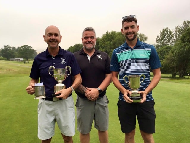 Pictured from left club champion Adam Cook, club captain Stuart Tolley and Hutchings Cup winner Luke Mortimore.