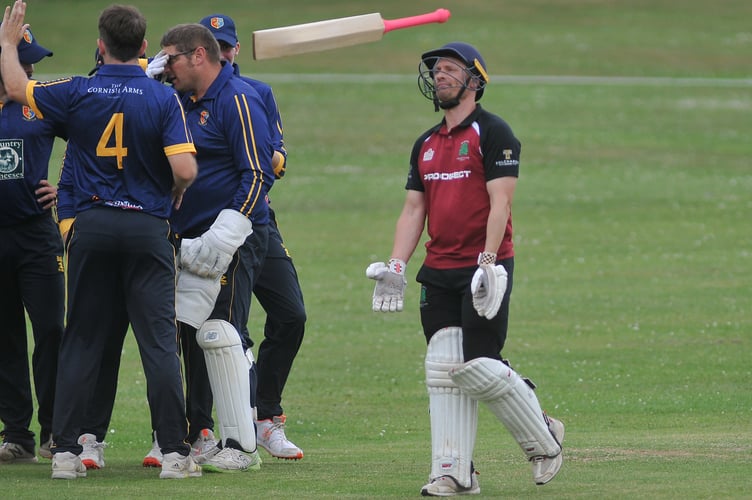 Devon Cricket League A Division. Barton versus Tavistock. Happy days for Tavi as Barton's Nick Watkin heads back to the pavilion after being dismissed lbw off a ball from Charlie Barriball
Tavistock won the toss as Cricketfield Road and elected to field. Barton took to the crease and were all out 202 after 45 overs. After tea Tavi's batters put on 205/4 after 44.1 overs giving them a six wicket run