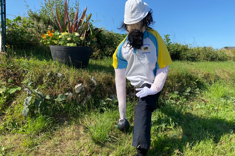 A Bere Alston Bowling Club scarecrow in the Bere Alston In Bloom competition.