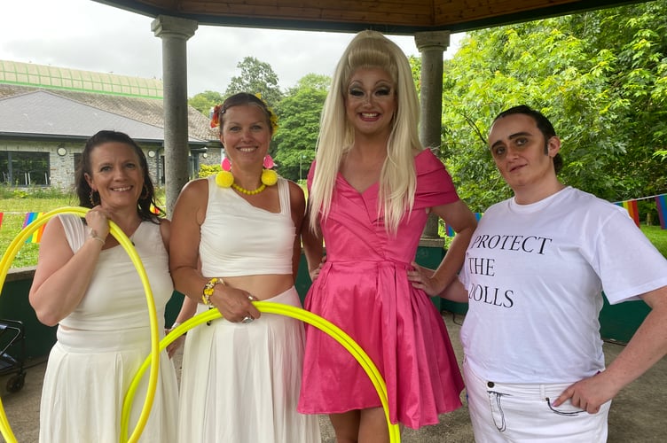 Tavi Pride compere Everly After (third from left) commentated on the Tavi Pride dog show along with colleague Uncle Del (of Horrabridge (right) and hoop acts Sophie Carr and Donna Ledger of Swing Britannia.