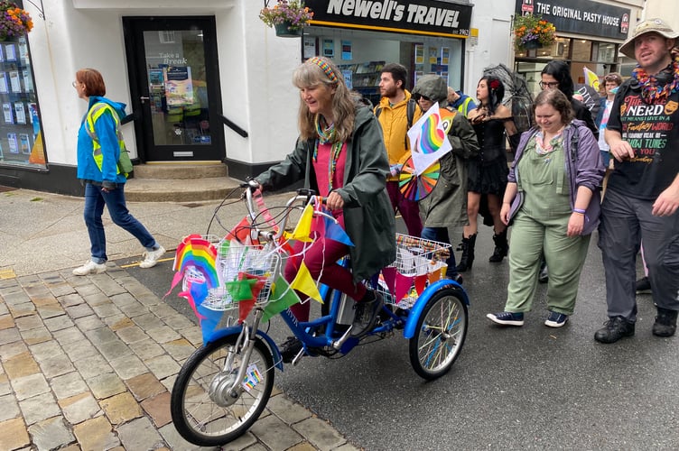A trike all dressed for the occasion, in Tavi Pride's town centre procession.