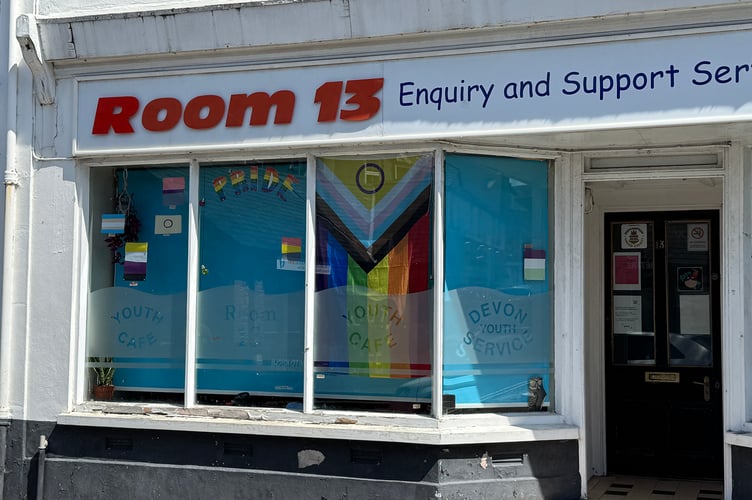 A rainbow flag on display at Room 13 for Okehampton Pride. AQ 6464