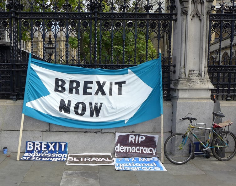 Brexit posters outside the Houses of Parliament back in 2019. Now it's a reality. Picture: Chiral Jon/Creative Commons.