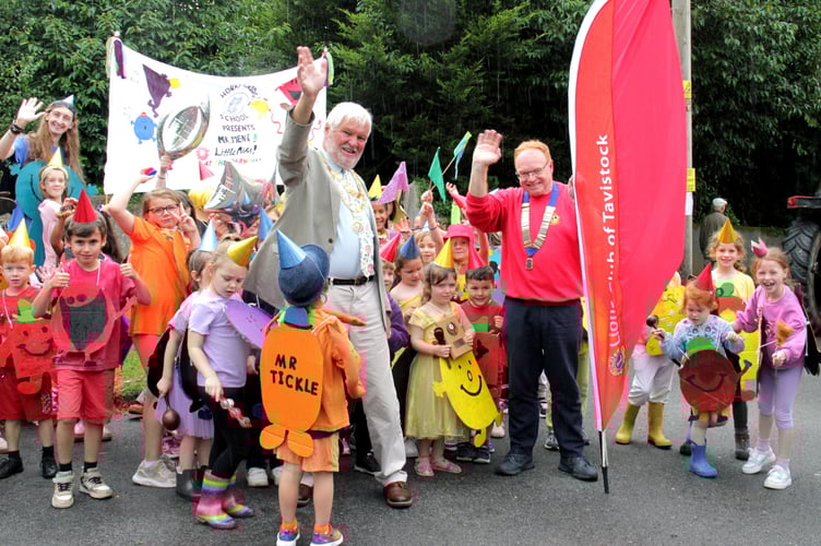 Horrabridge School were 'highly commended' with the Mister Men. Pictured with Tavistock mayor Steve Hipsey and Tavistock Lions president Matt Hibbert. Picture: Steve Grummitt.
