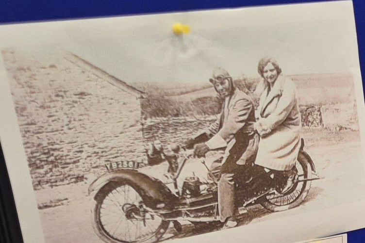 A couple pictured having an outing on their motorbike in 1920 in Bere Alston are one of the exhibits researched by Bere Alston School children for their own pop-up museum.