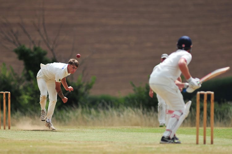 Devon Cricket League E Division West. Stokeinteignhead 1st XI versus Whitchurch Wayfarers 1st XI. Whitchurch bowler  Nathan Prout sens a ball down to Oliver Hastie