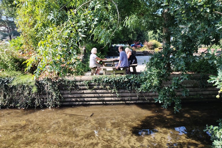 Having a sit down in the coolness of Tavistock Sensory Garden during a summer heatwave.