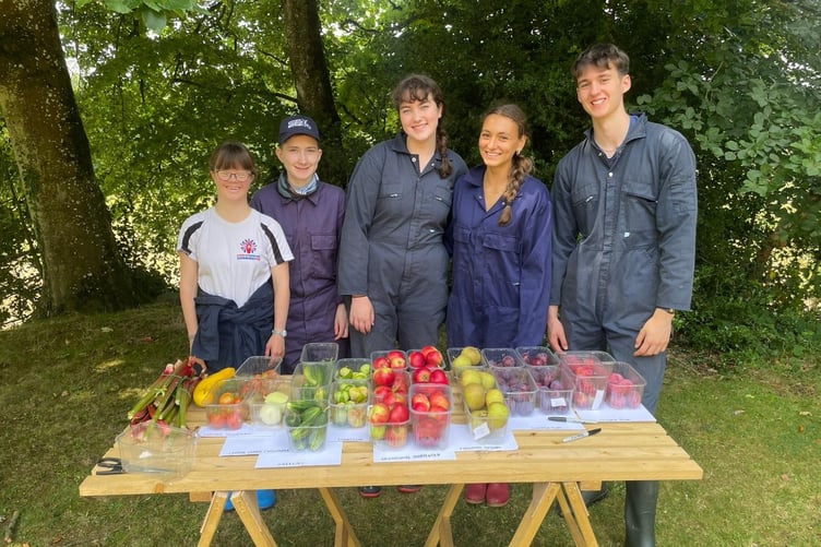 Duke of Edinburgh gold award students with fruit and vegetables from the Victorian walled gardens and polytunnels at the Iddesleigh Nethercott House.