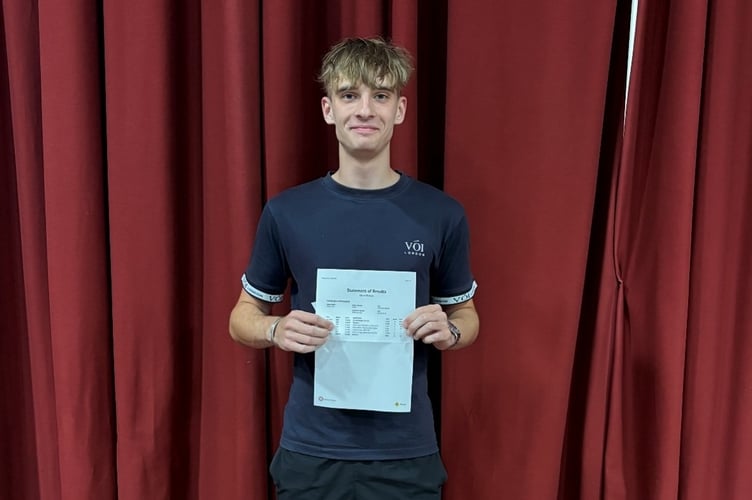 Charles Orme of Tavistock College with his A-level results.