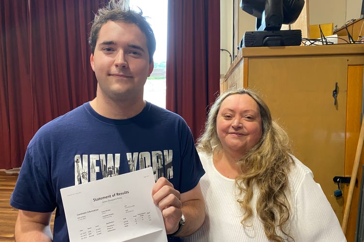 Riley Jones-Sheppard and his mum Adele Sheppard at Tavistock College - both pleased he got into hs first choice university.
