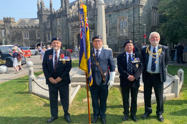 A Royal British Legion and civic VJ remembrance event today at Tavistock War Memorial with the Mayor of Tavistock Cllr Steve Hipsey (far right).