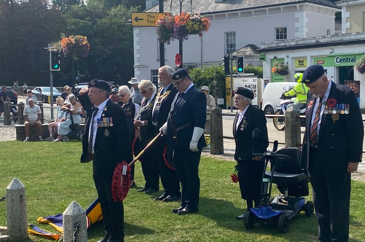 Heads bowed as a period of silence was observed at a VJ remembrance event today at Tavistock War Memorial with the Royal British Legion and the Mayor of Tavistock Cllr Steve Hipsey.